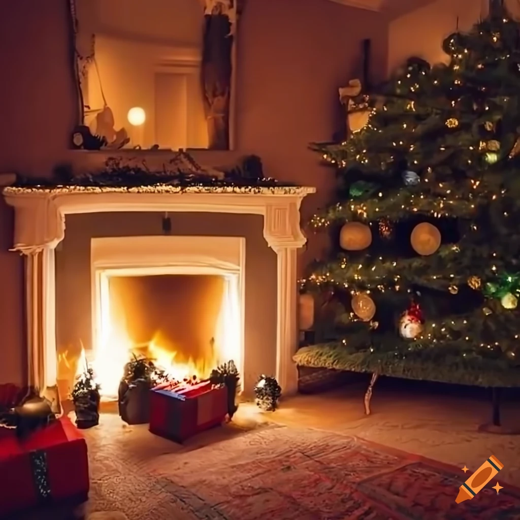 cozy living room with a roaring fire and a decorated Christmas tree