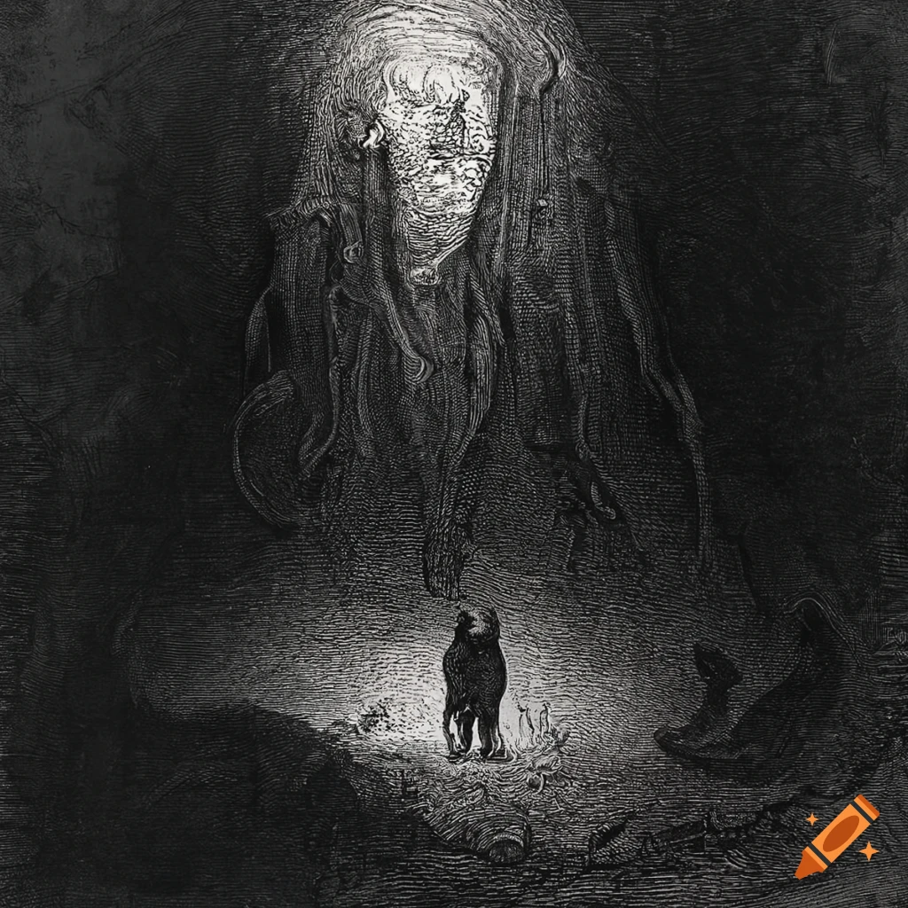 eerie etching of a ghostly figure by Gustave Doré and HR Giger