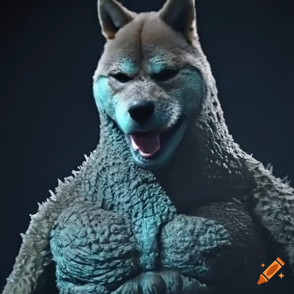 shiba inu dog with Godzilla's head