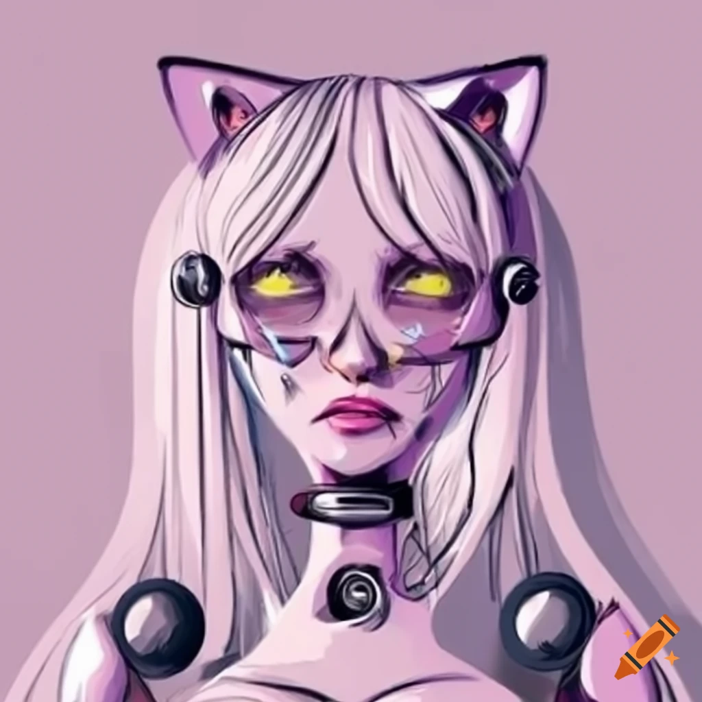 line art of a melancholic robot catgirl