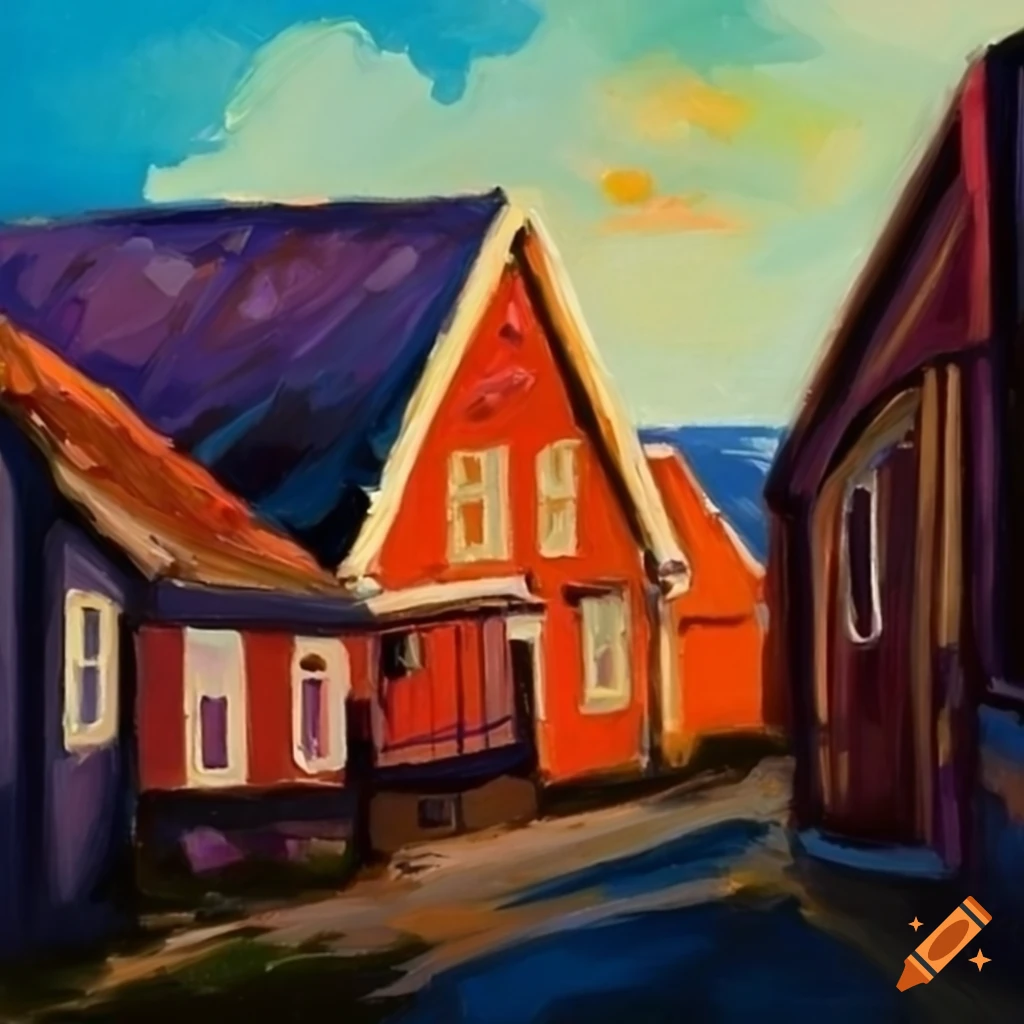 Oil painting of a Norwegian coastal town at sunset on Craiyon