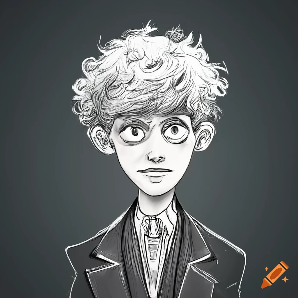 Black and white line art cartoon character in a suit