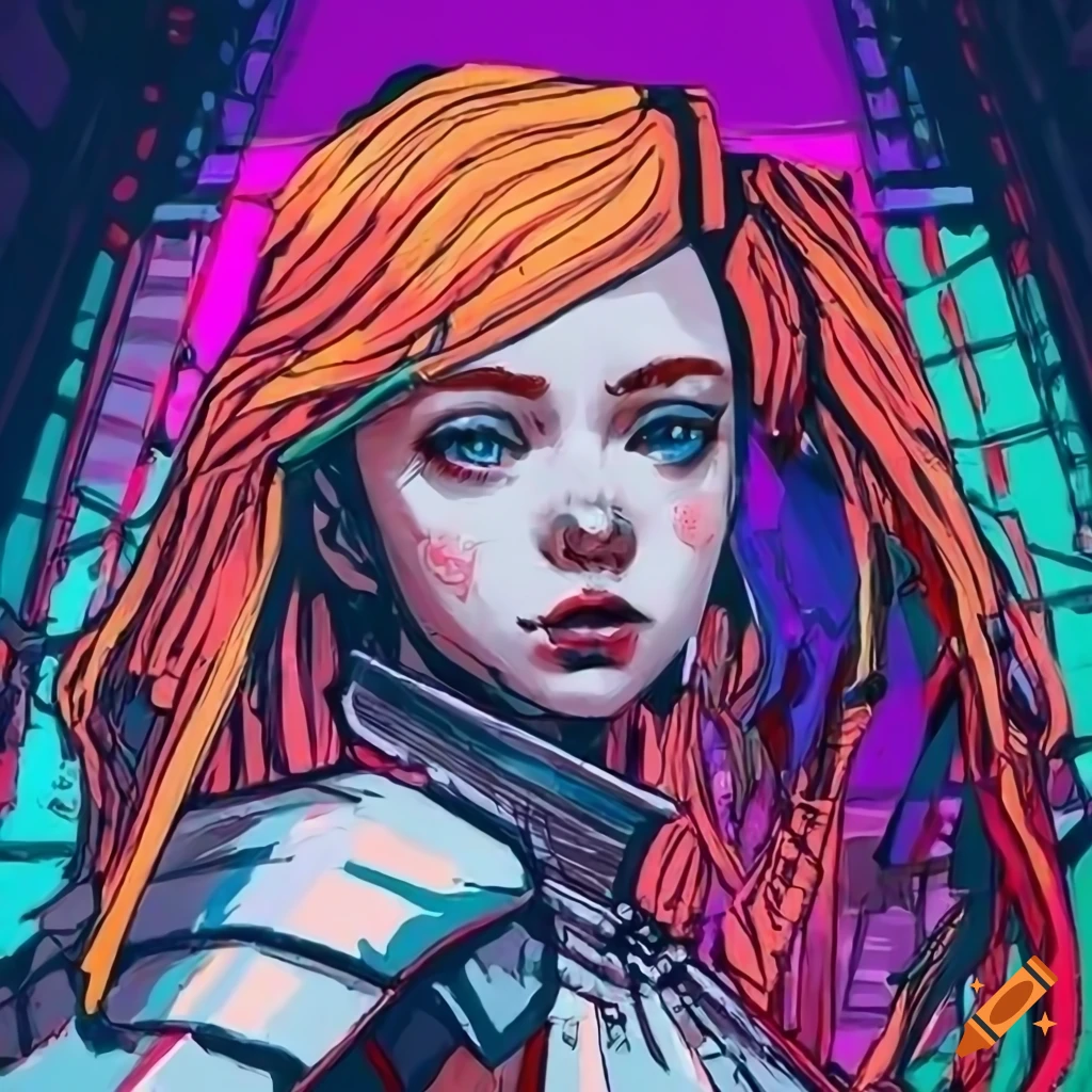 illustration of a cyberpunk female knight with neon colors