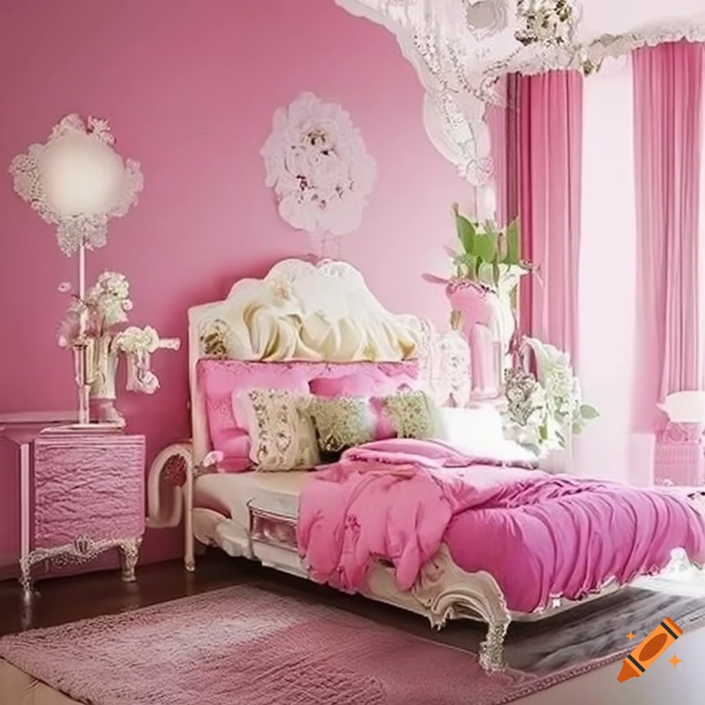 Luxurious pink bedroom with floral accents on Craiyon