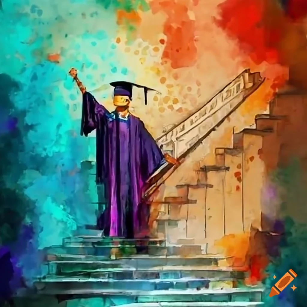 triumphant graduate on a staircase