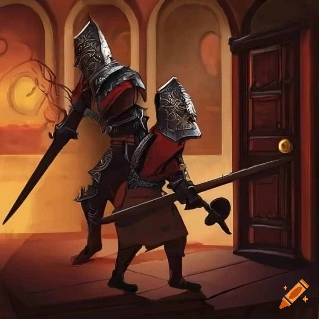 two fantasy guards protecting a door