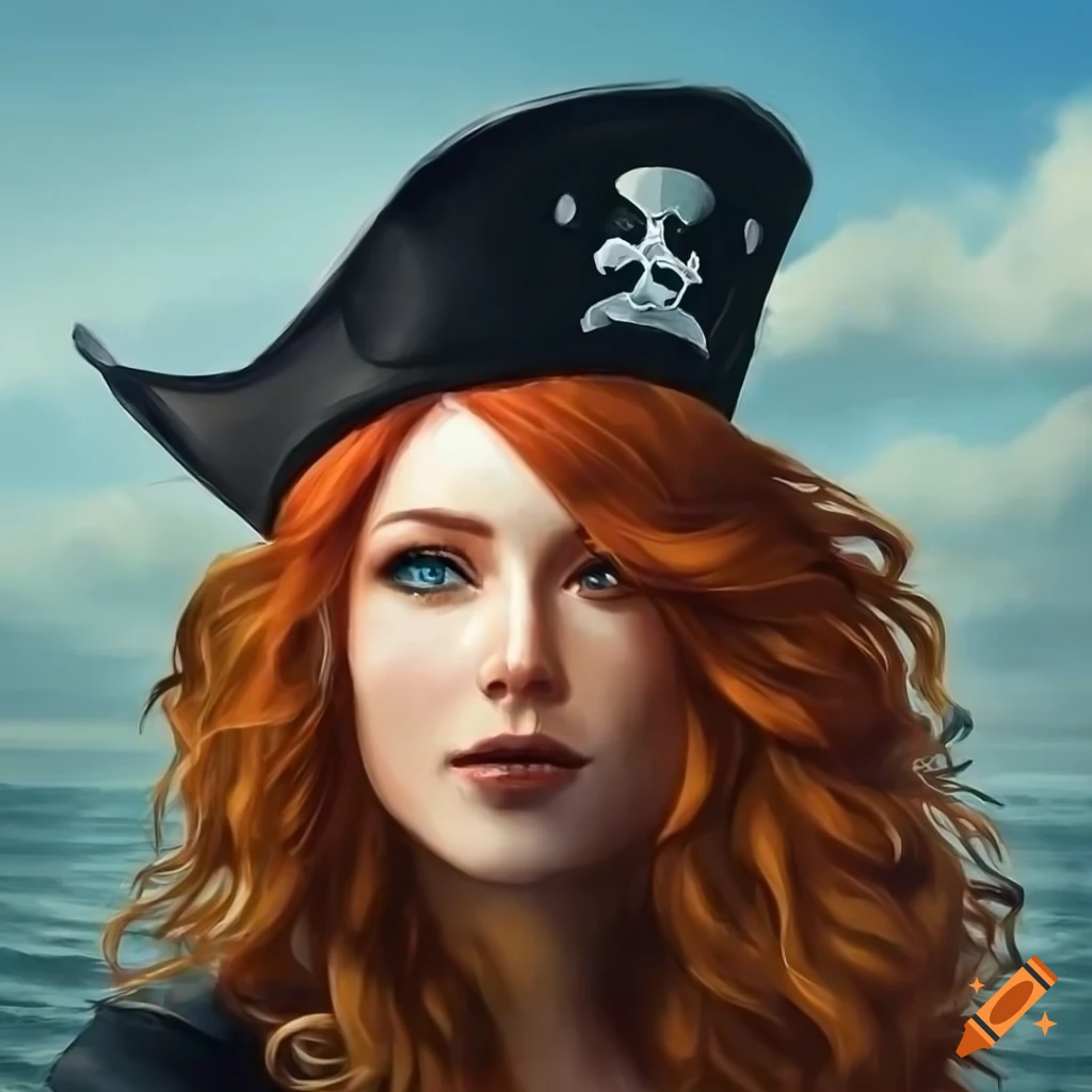 Hyperrealistic portrait of a charismatic ginger-haired pirate woman on ...
