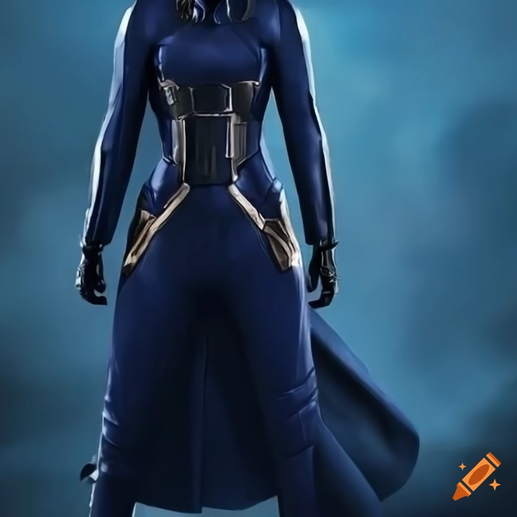 realistic navy blue hero suit with metal belt and Phoenix symbol
