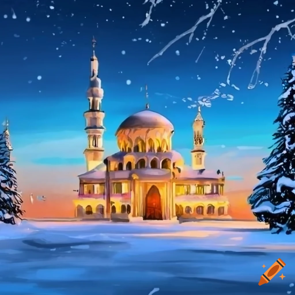 beautiful snow-covered mosque drawing