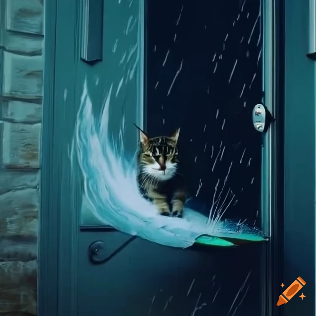 Fantasy illustration of a cat surfing on a giant wave on Craiyon