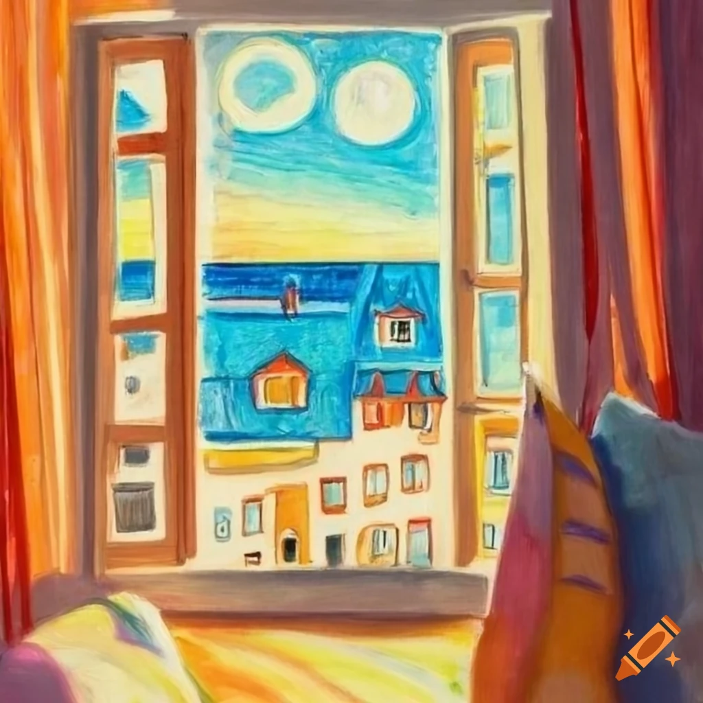 colored pencil drawing of a woman in a bedroom with open window