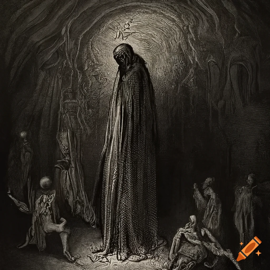 eerie etching of a ghostly figure by Gustave Doré and HR Giger