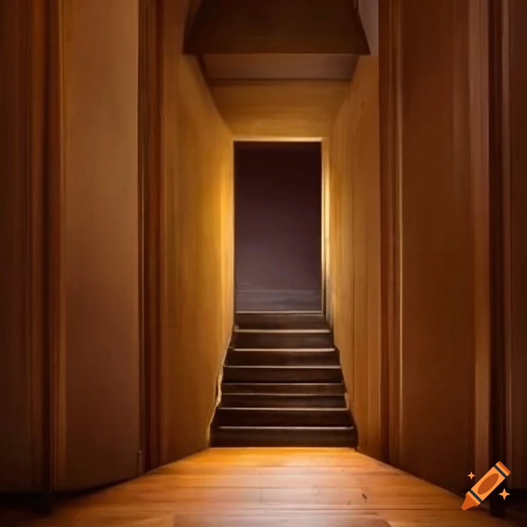 long wooden staircase leading to a beautiful door