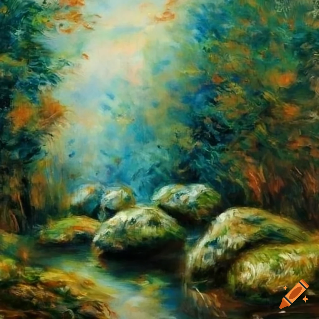 Oil painting of misty forest with mossy stones on Craiyon