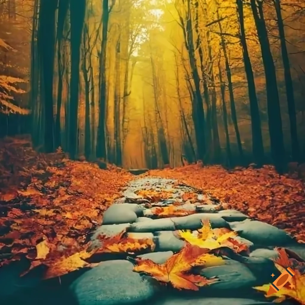 Fall forest with colorful leaves on a stone path