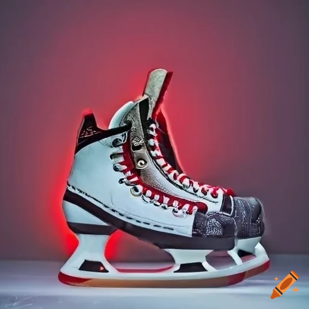 Hockey skates with red blades on ice