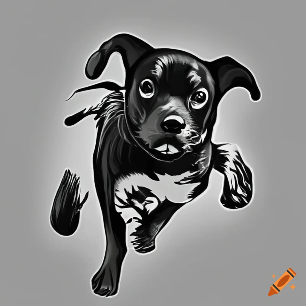 Cute black and white dog running vinyl decal sticker on Craiyon