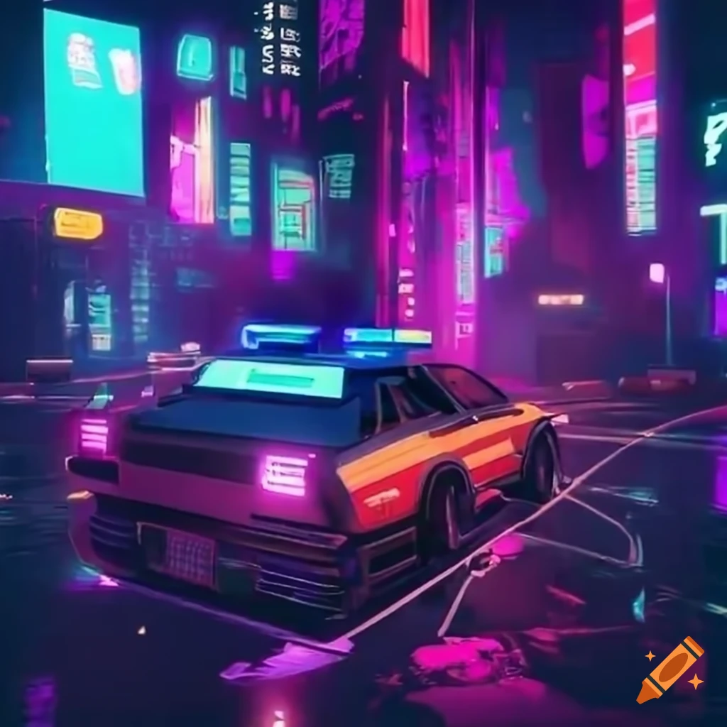 Cyberpunk car chased by police in a neon city
