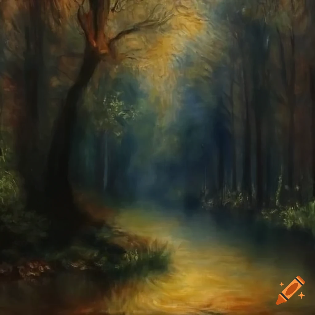 Renoir oil painting of a misty dark forest with white flowers on Craiyon