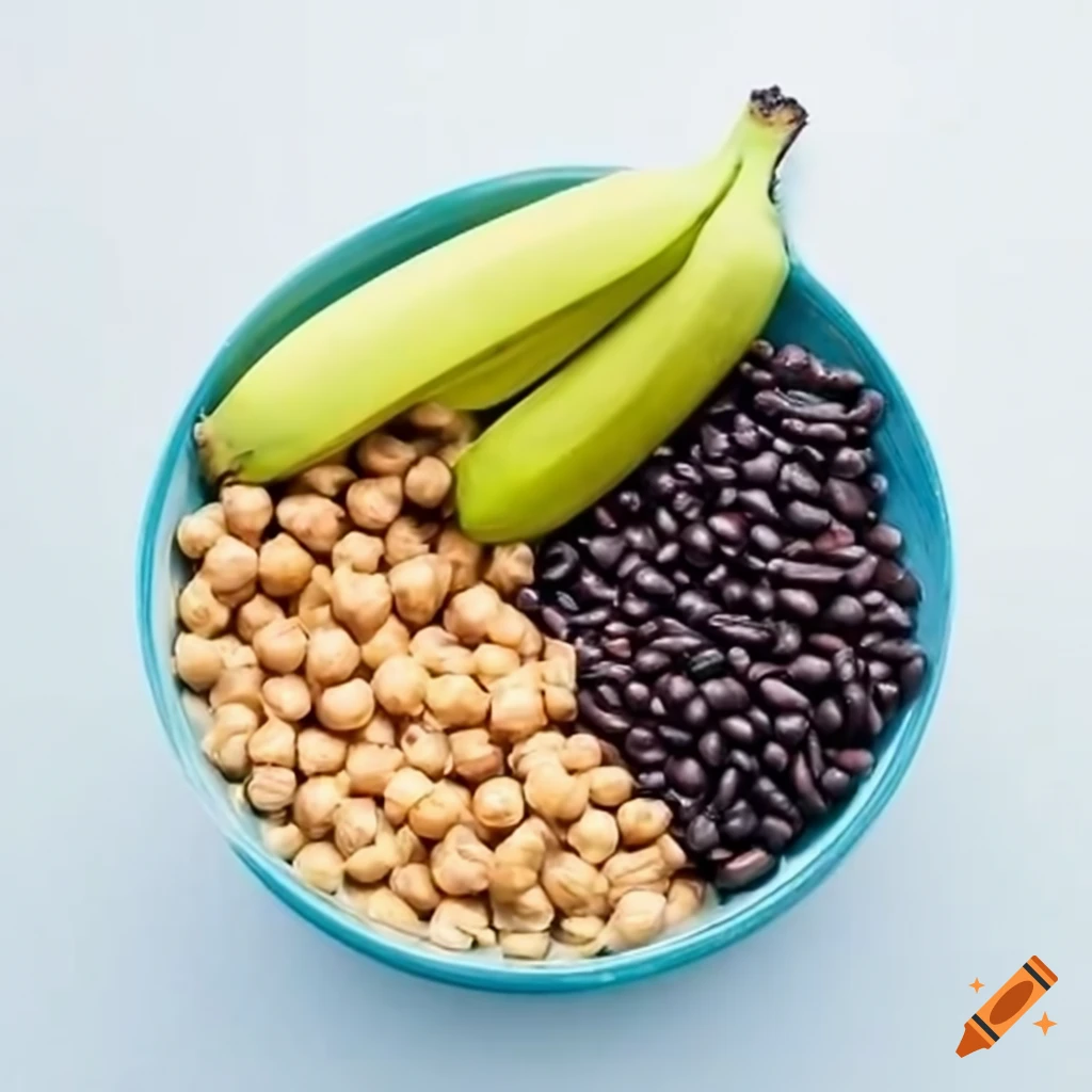 Vegan bowls with black beans, quinoa, chickpeas, and green bananas