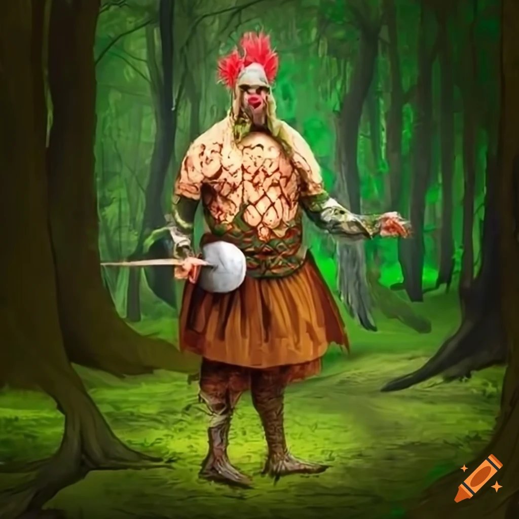Celtic warrior chicken in a green forest on Craiyon
