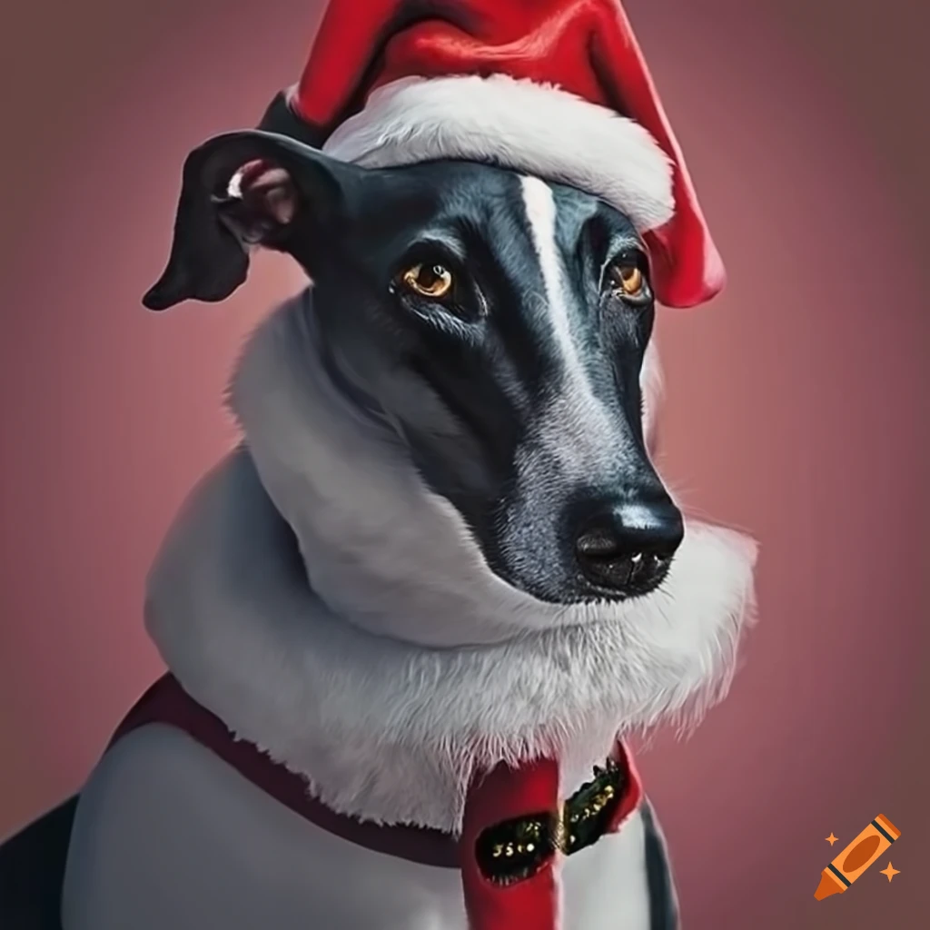 Black greyhound dressed as santa claus