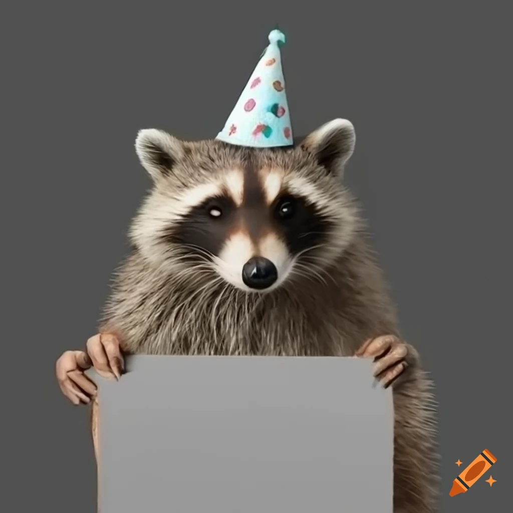 realistic raccoon with a birthday hat holding a "Feliz cumpleaños Carlitos" poster