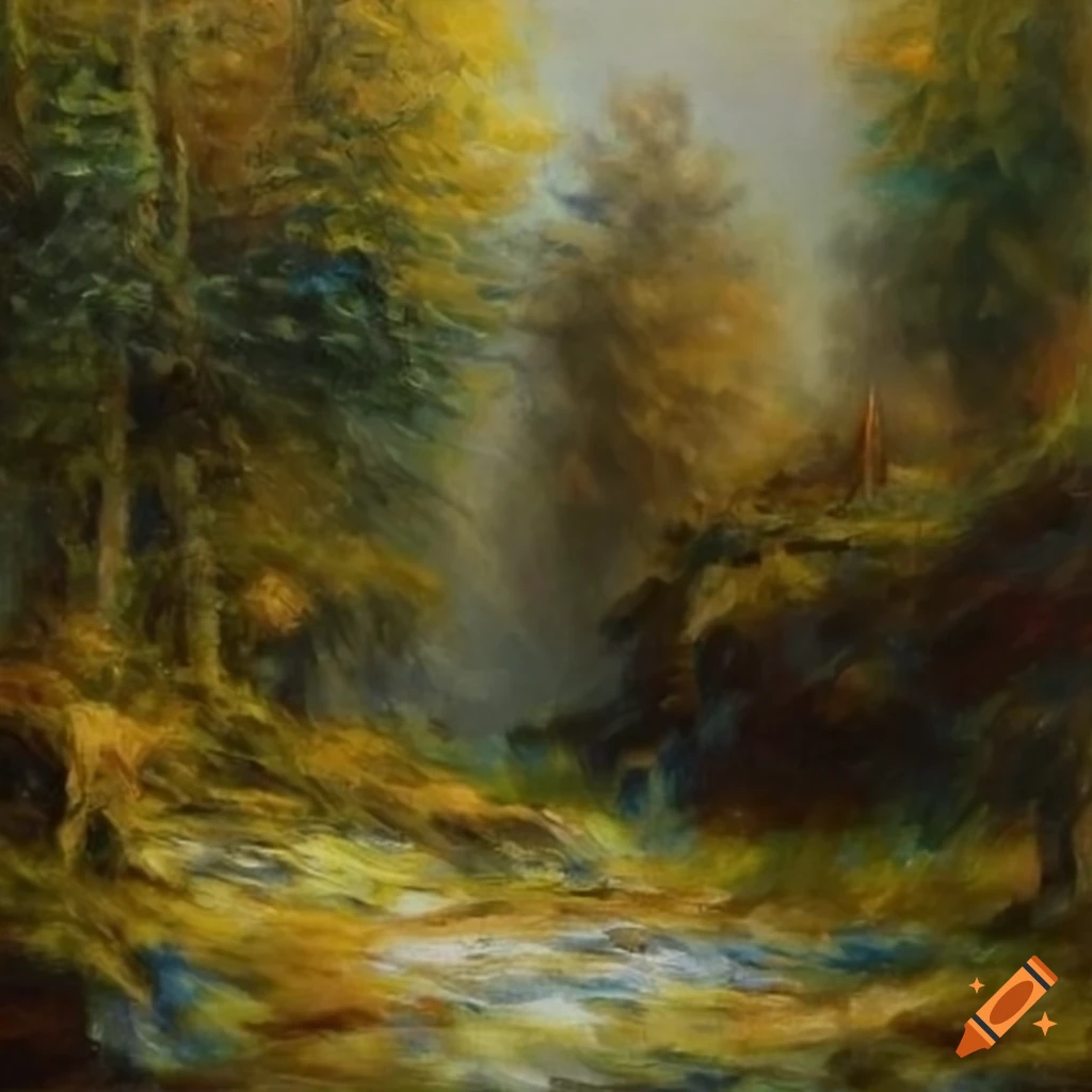 Oil painting of misty forest with mossy stones on Craiyon