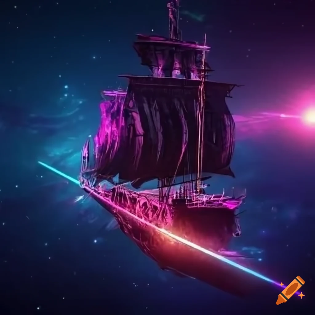 Metallic synthwave pirateship in outerspace on Craiyon