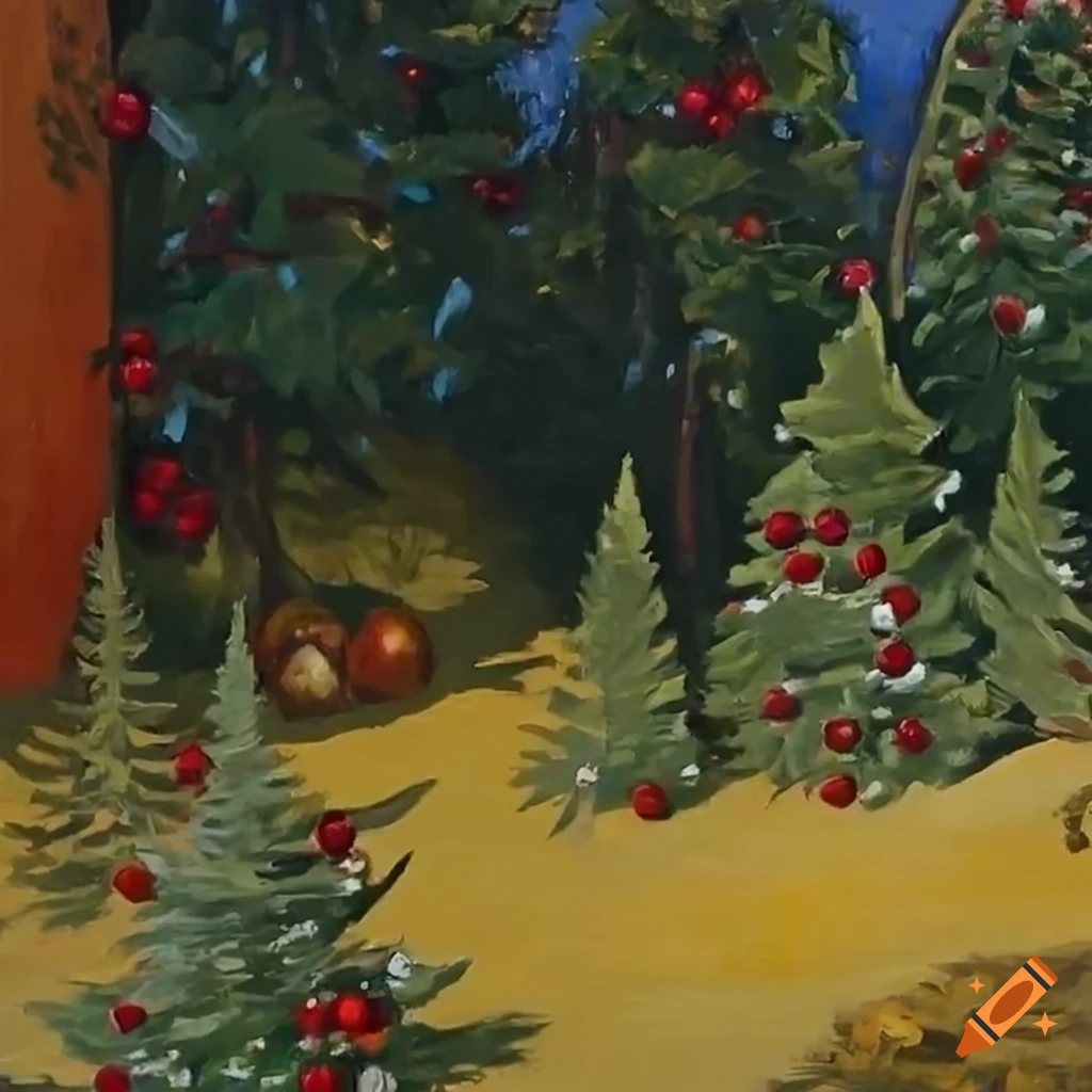 Oil painting of a forest of christmas trees decorated with golden