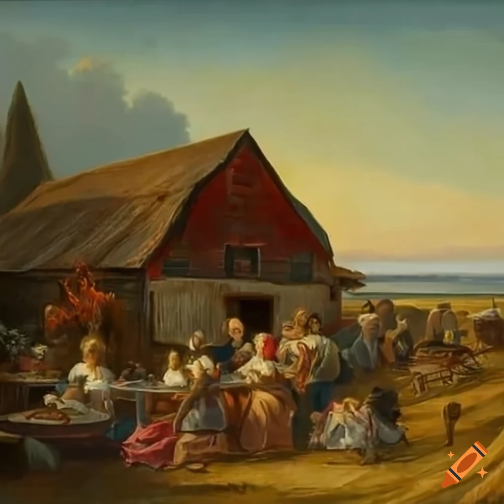 "Harvest Feast at the Lakeshore" painting of a lakeside feast