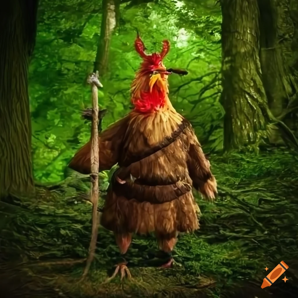 Celtic warrior chicken in a green forest