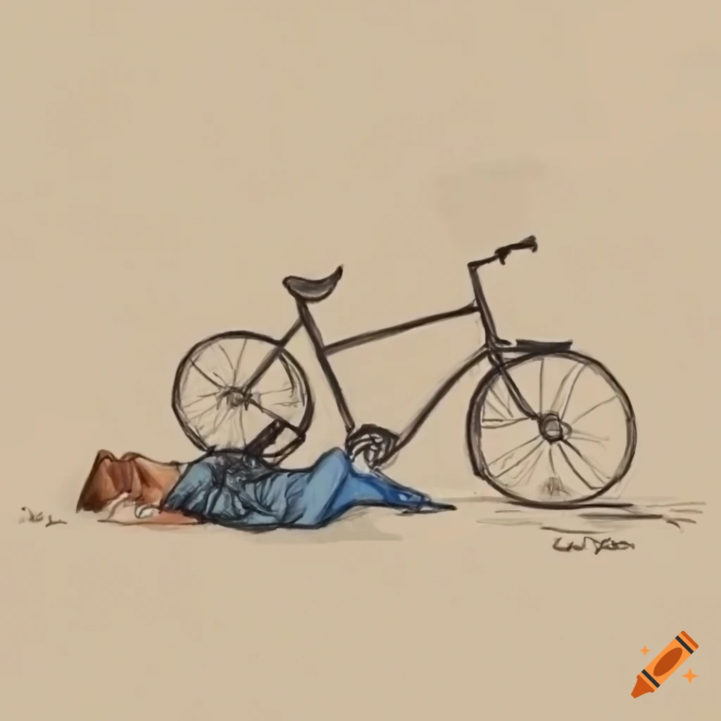 Pencil sketch of a broken bicycle with an injured rider