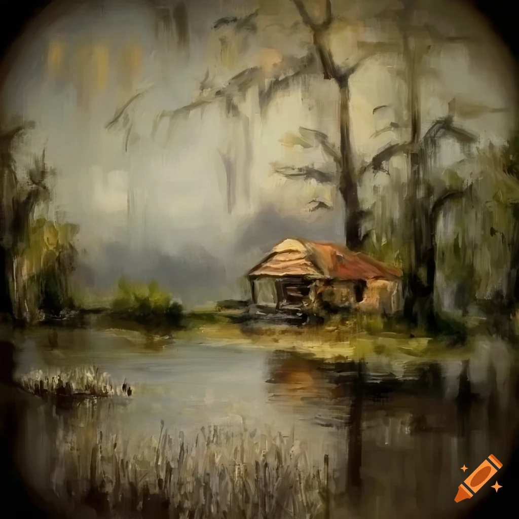 Oil painting of an old louisiana house on the bayou