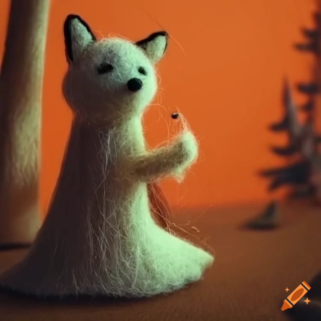 needle felt ghost and fox in the woods diorama