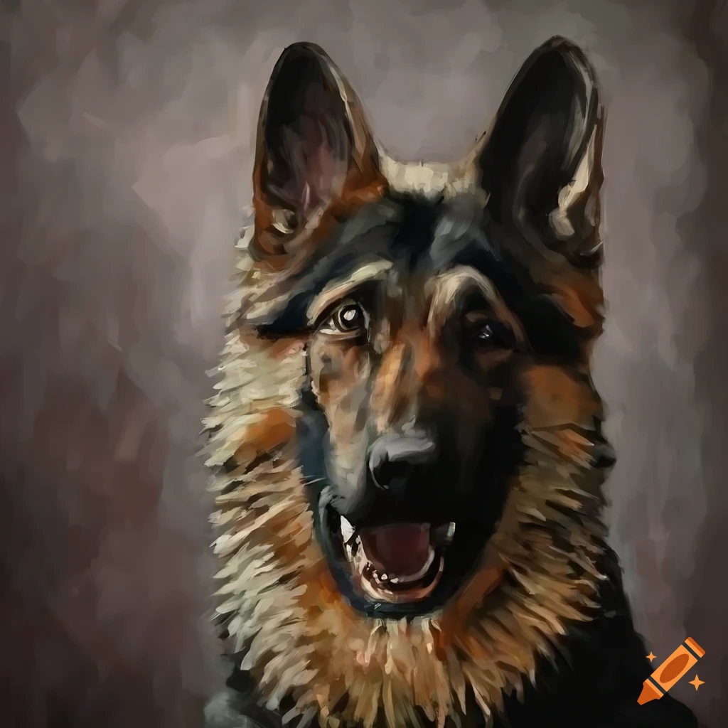 moody oil painting of a scared German Shepard in a creepy castle