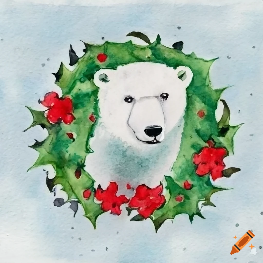 watercolor of a polar bear with a wreath of holly