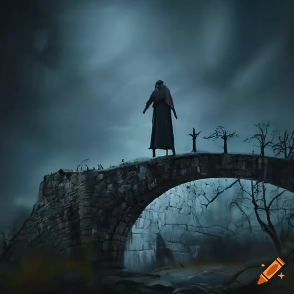 night scene with a devil on a stone bridge