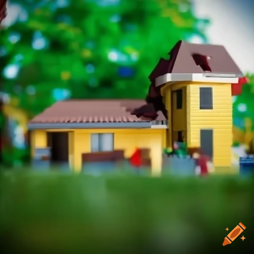 Hyperrealistic lego block house in a sunny landscape