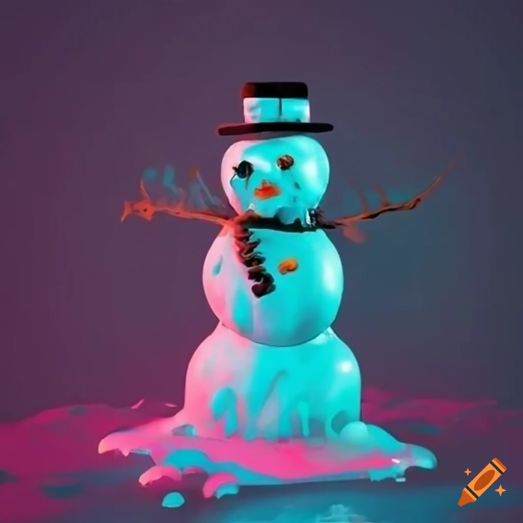 Neon cityscape with a melting snowman sculpture