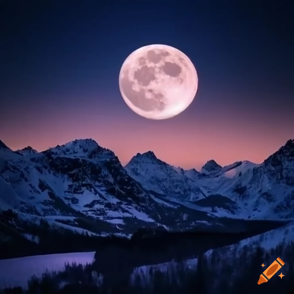 Snowy mountains under a full moon on christmas night