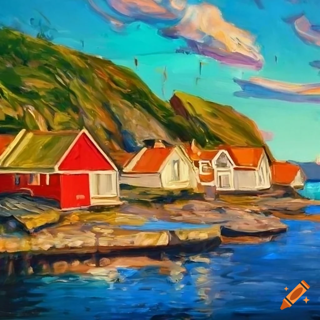 Oil painting of a norwegian coastal town in summertime