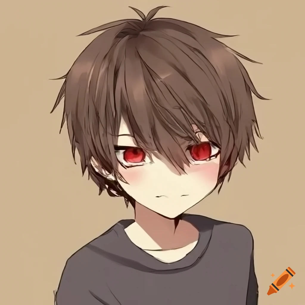 Cute anime boy with brown hair and red eyes