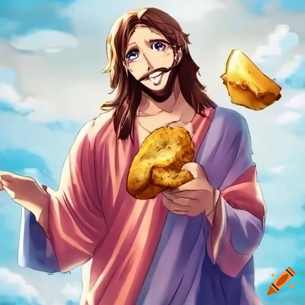 Image of anime jesus with a grilled cheese
