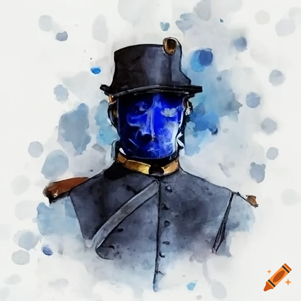 Civil war soldier in gray uniform with dark blue mask