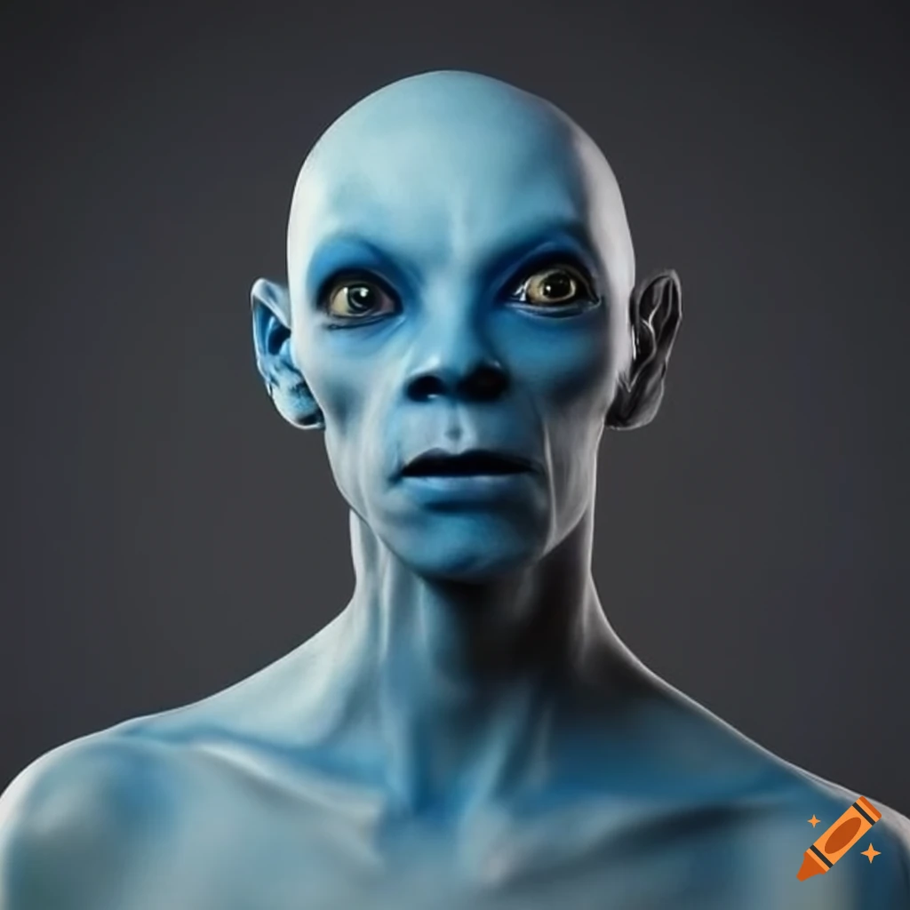 Portrait Of A Blue Skinned Humanoid Alien With Pointed Ears And Black Hair On Craiyon 