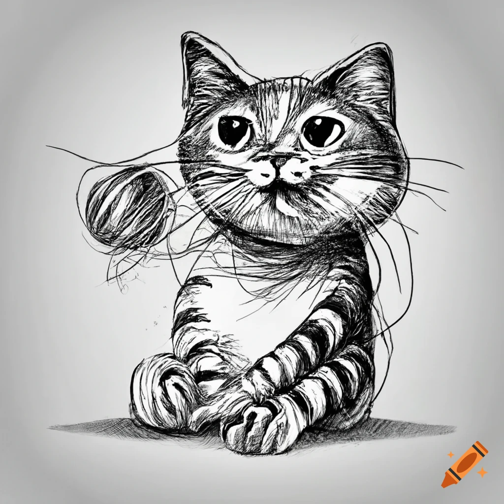 Sketch of a playful cat with yarn