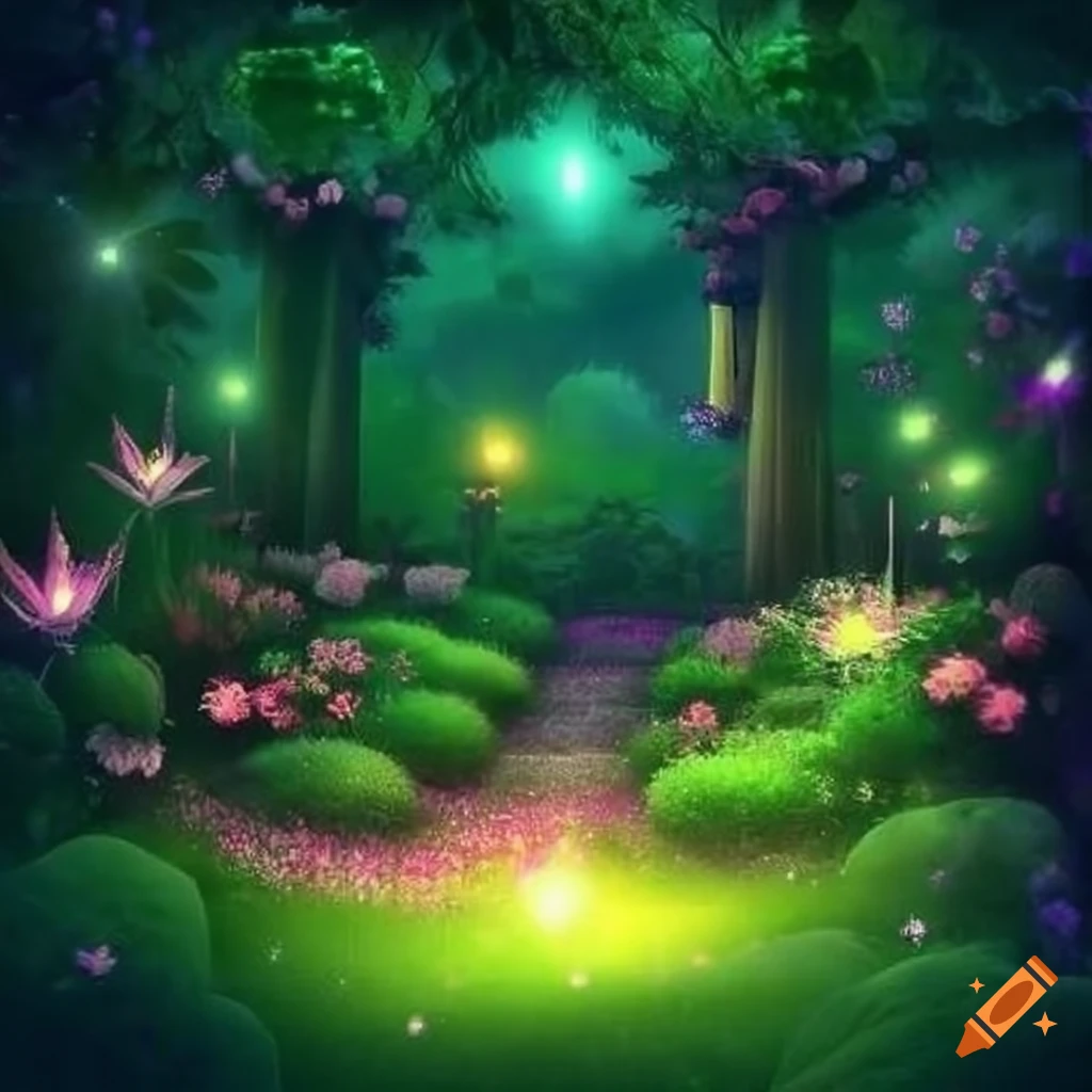 Colorful and mystical garden at night