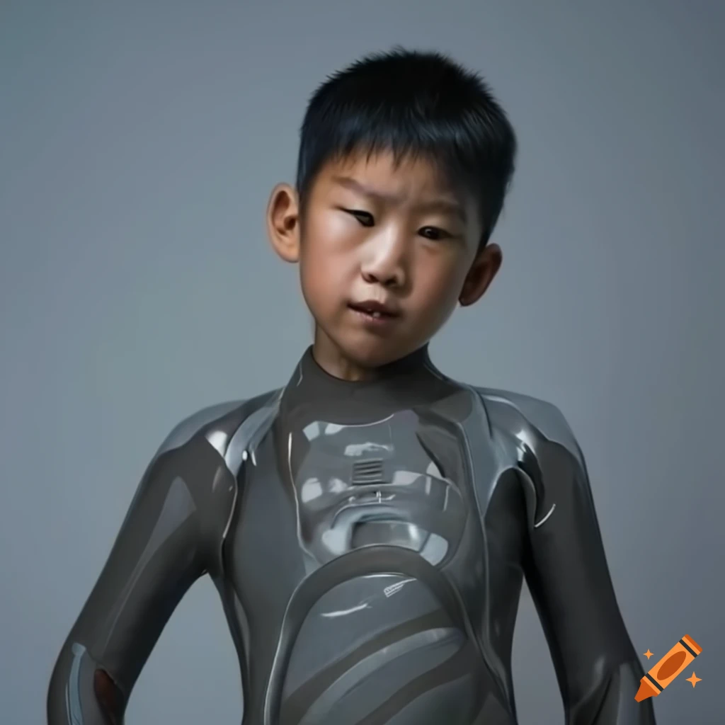 Asian boy in futuristic biomechanic skin wetsuit on Craiyon