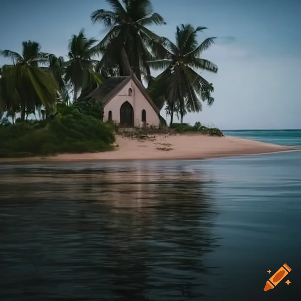 church nestled among wildlife with tropical beach view